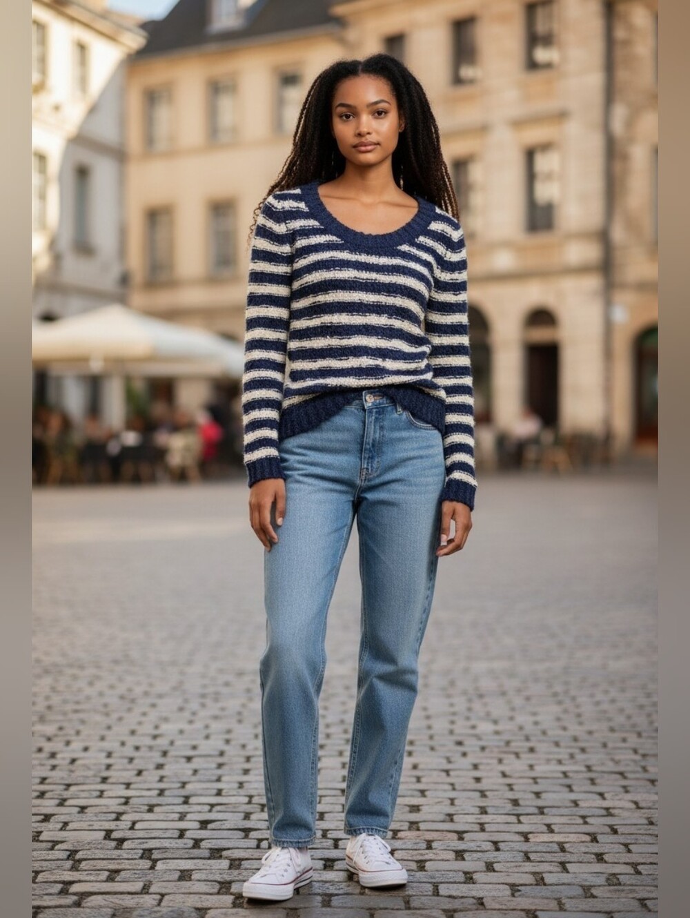 Rag And Bone Indie Sleeze Grunge Revival Navy and Cream Scoop Neck Sweater SZ S